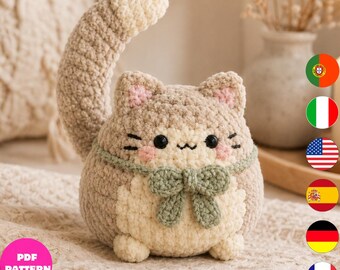 Crochet Cat Pattern PDF, Chubby Kitty Plush Amigurumi, Cute Cat with Bow Crochet Pattern, 6 Languages