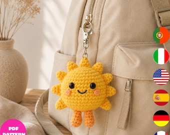 Crochet Sun Keychain Pattern PDF, Cute Sunshine Bag Charm Crochet Pattern, Amigurumi Sun Accessory, 6 Languages