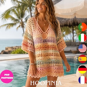 May include: A crochet cover-up featuring a V-neckline and short sleeves, crafted with a multicolored yarn in pastel shades of pink, yellow, blue, and white. The garment has an open-knit, grid-like pattern with a scalloped hem and a circular motif.