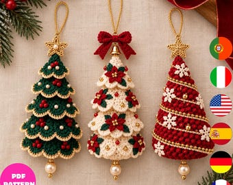 Crochet Christmas Tree Ornament Pattern PDF, 3 Holiday Decor Designs, Poinsettia Snowflake Digital Download