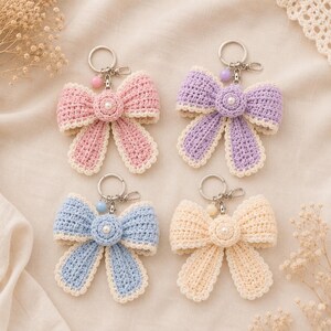 Crochet Bow Keychain Pattern PDF, Pearl Blossom Bag Charm, Beginner Crochet Bow, Coquette Crochet Gift, 6 Languages