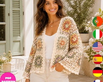Granny Square Cardigan Crochet Pattern PDF, Floral Boho Crochet Jacket, Women Summer Lace Cover Up, 6 Languages