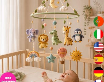 Safari Baby Mobile Crochet Pattern, Amigurumi Nursery PDF in 6 Languages Pattern
