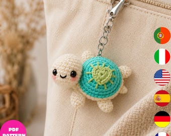 Crochet Turtle Keychain Pattern PDF, Cute Sea Turtle Bag Charm Crochet Pattern, Amigurumi Turtle Accessory, 6 Languages