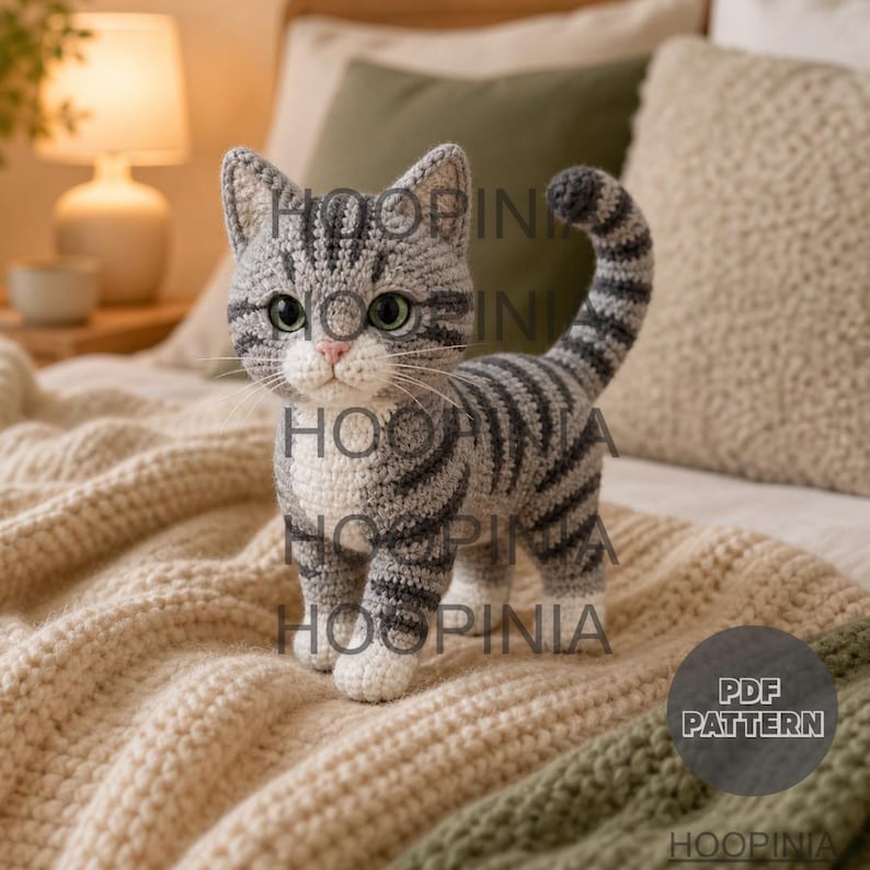 May include: A gray and white crocheted tabby cat toy with dark gray stripes, large green eyes, a pink nose, and a long curved tail. The text HOOPINIA is visible on the body, and a circular badge reads PDF PATTERN HOOPINIA.