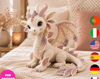 Crochet Dragon Pattern PDF, Pastel Fantasy Amigurumi with Lace Wings, 6 Languages