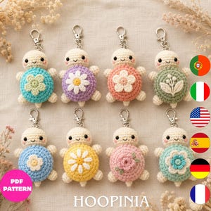 8 Crochet Turtle Keychain Patterns PDF, Cute Sea Turtle Bag Charm Set, Amigurumi Turtle Accessories, 6 Languages