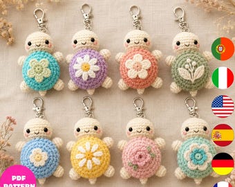 8 Crochet Turtle Keychain Patterns PDF, Cute Sea Turtle Bag Charm Set, Amigurumi Turtle Accessories, 6 Languages