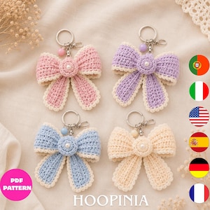 Crochet Bow Keychain Pattern PDF, Cute Pastel Bow Bag Charm Pattern, Crochet Accessory Bundle, 6 Languages
