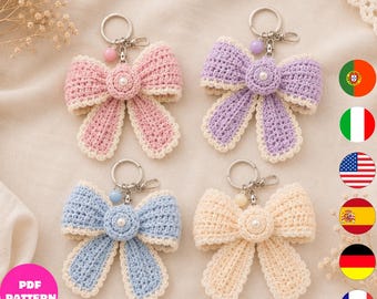 Crochet Bow Keychain Pattern PDF, Cute Pastel Bow Bag Charm Pattern, Crochet Accessory Bundle, 6 Languages