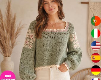 Sage Crochet Sweater Pattern PDF, Boho Lantern Sleeve Top, Floral Crochet Jumper for Women, 6 Languages