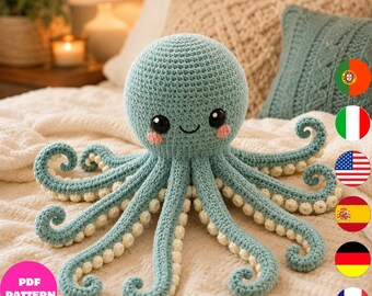 Schema per polpo all'uncinetto in PDF, peluche amigurumi riccio color menta, simpatico animale marino all'uncinetto, 6 lingue