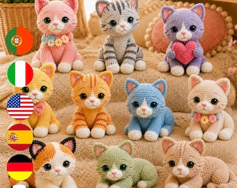 10 Crochet Cat Amigurumi Pattern Bundle PDF, Cute Kitten Plush Toy Set, 6 Languages
