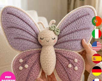 Butterfly Pillow Crochet Pattern PDF, Butterfly Cushion Plush Amigurumi Decor, 6 Languages