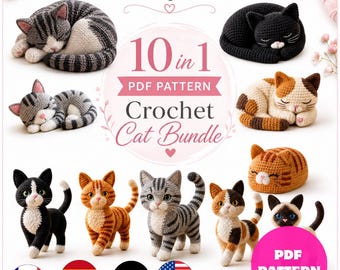 10 in 1 Cat Crochet Pattern Bundle PDF, Crochet Cat Amigurumi Patterns, Sleeping Kitty Plush Pattern, 6 Languages
