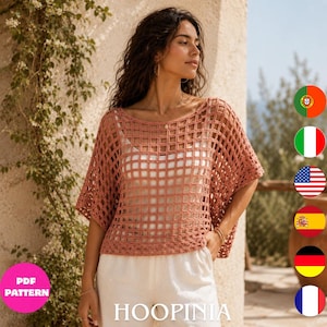 Crochet Mesh Top Pattern PDF, Summer Batwing Crochet Top, Boho Beach Cover Up, Open Grid Crochet Shirt, Digital Pattern 6 Languages