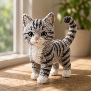 May include: A crocheted stuffed cat toy featuring a grey and white striped tabby pattern. The cat has large green eyes, a small pink nose, white paws, and a long, upright, striped tail. The yarn texture is visible throughout the entire figure.