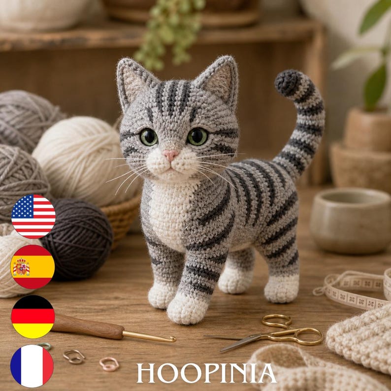 May include: A crocheted gray and white tabby cat figurine with green eyes, pointed ears, and a long striped tail. The cat stands upright, featuring detailed yarn stitching, white paws, and a pink nose. The text HOOPINIA is visible below.