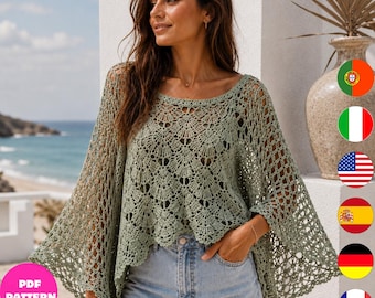 Sage Crochet Poncho Pattern PDF, Boho Lace Batwing Top, Women Beach Cover Up Crochet Pattern, 6 Languages