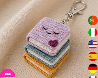 Crochet Book Keychain Pattern PDF, Cute Mini Book Stack Bag Charm Pattern, Kawaii Book Lover Crochet Gift, 6 Languages