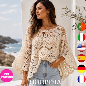 Häkelanleitung für einen Poncho in Elfenbein (PDF), Boho-Spitzentop mit Fledermausärmeln, Häkelanleitung für ein Strandkleid für Damen, 6 Sprachen