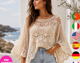Ivory Crochet Poncho Pattern PDF, Boho Lace Batwing Top, Women Beach Cover Up Crochet Pattern, 6 Languages