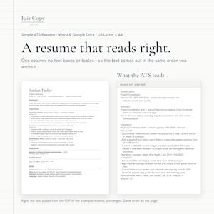 May include: A digital document template titled Fair Copy Studio featuring a resume layout. The text reads A resume that reads right, Simple ATS Resume, and displays a sample resume for Jordan Taylor alongside a plain text version.