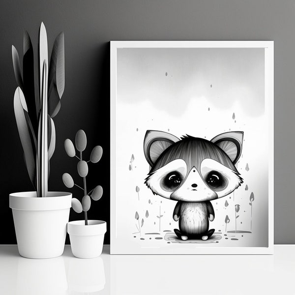 Poster de panda roux chibi en noir et blanc pour les amoureux des animaux - Décoration murale pour chambre d'enfant