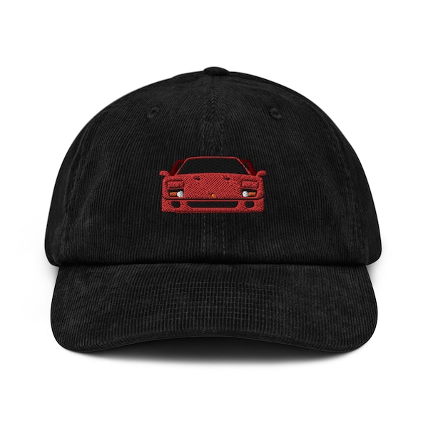 Red Embroidered Ferrari F40 (1987-1992) Corduroy Cap - Perfect Gift for Car Enthusiasts