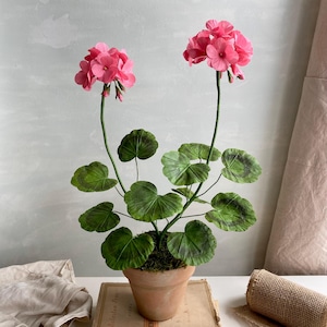 Pink Geranium Paper Flower in Terracotta Pot, Handmade Botanical Sculpture, English Cottage Decor