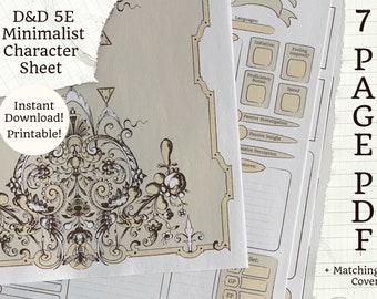 印刷可能な 5E キャラクターシート | ミニマリスト ニュートラル | 7 ページ PDF + 装飾ダイス カバー | D&D