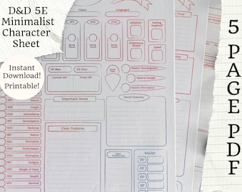印刷可能な 5E キャラクターシート | ミニマリスト レインボー | 5 ページ PDF | D&D