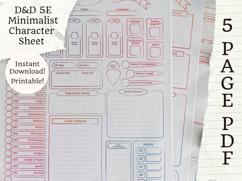 Printable 5E Character Sheet | Minimalist Rainbow | 5 Page PDF | D&amp;D - Etsy