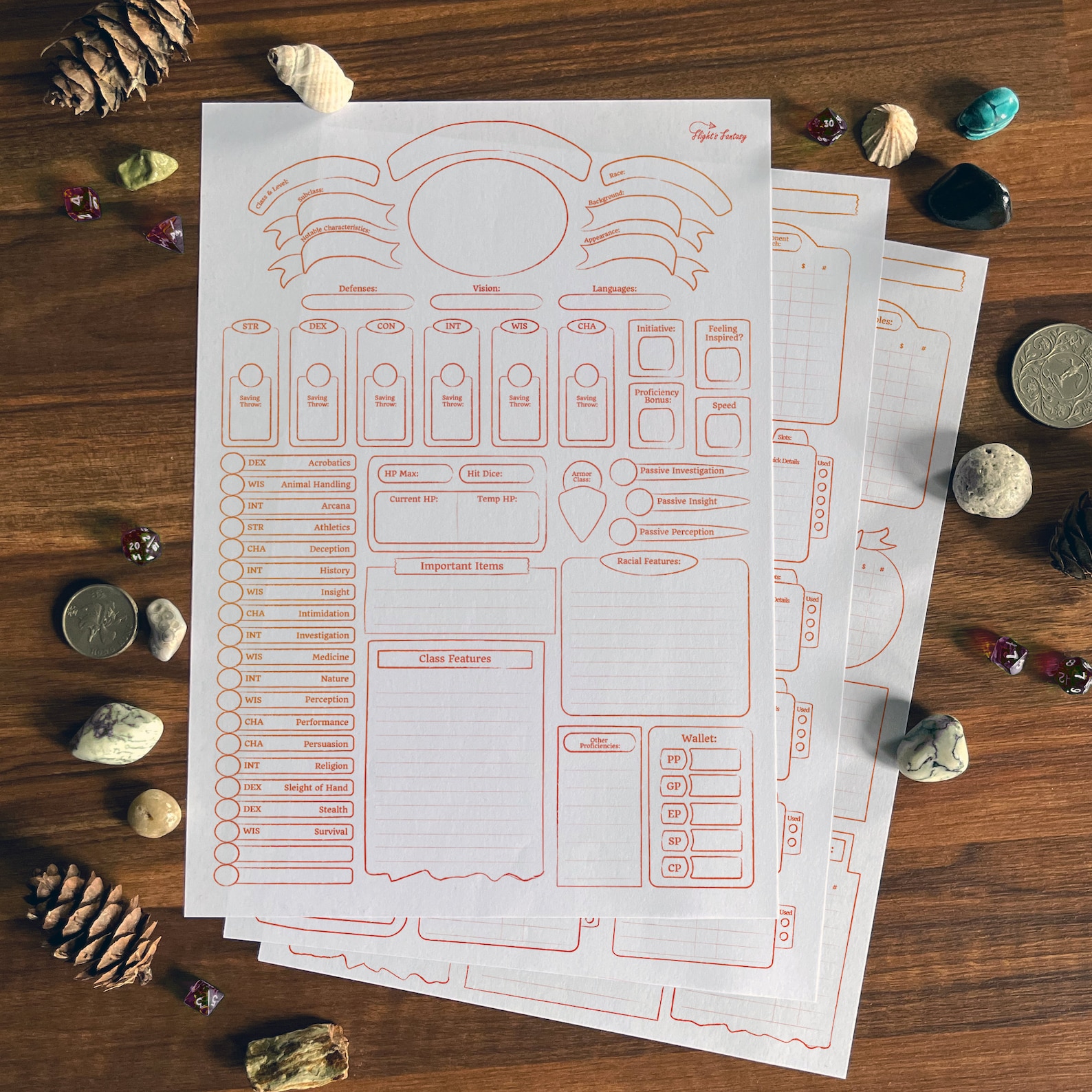 Printable 5E Character Sheet Minimalist Red/orange 7 Page PDF Dragons ...