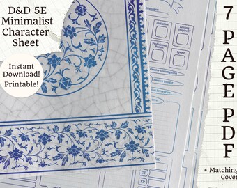 印刷可能な 5E キャラクターシート | ミニマリスト ブルー | 7 ページ PDF + デルフト ダイス カバー | D&D