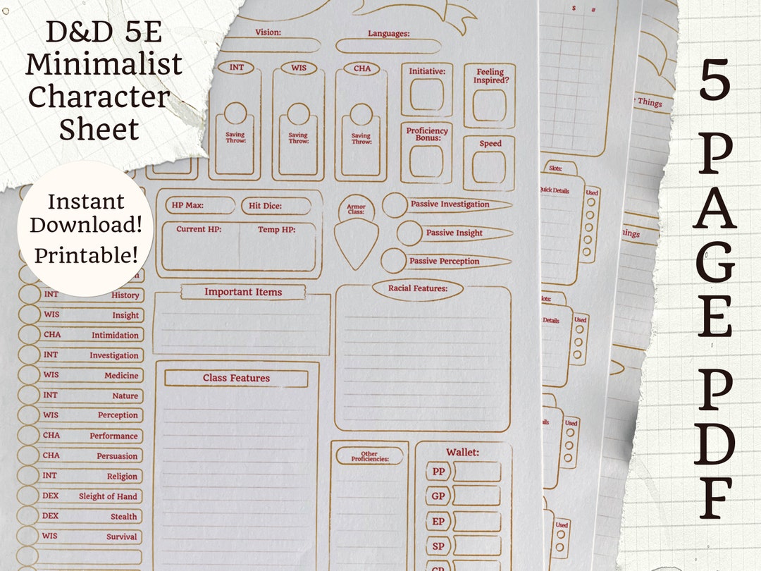 Printable 5E Character Sheet | Minimalist Gold | 5 Page PDF | D&amp;D - Etsy