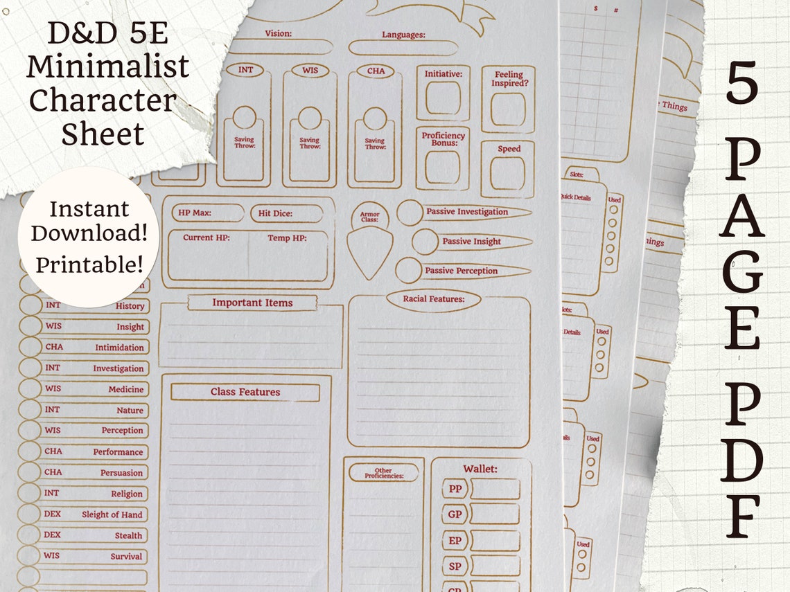 Printable 5E Character Sheet | Minimalist Gold | 5 Page PDF | D&amp;D - Etsy