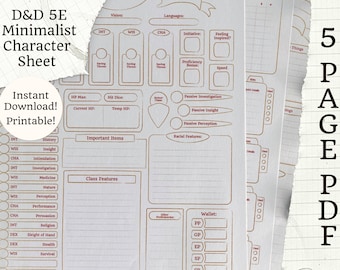 印刷可能な 5E キャラクターシート | ミニマリスト ゴールド | 5 ページ PDF | D&D