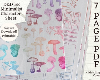 印刷可能な 5E キャラクターシート | ミニマリスト レインボー | 7 ページ PDF + マッシュルーム ダイス カバー | D&D