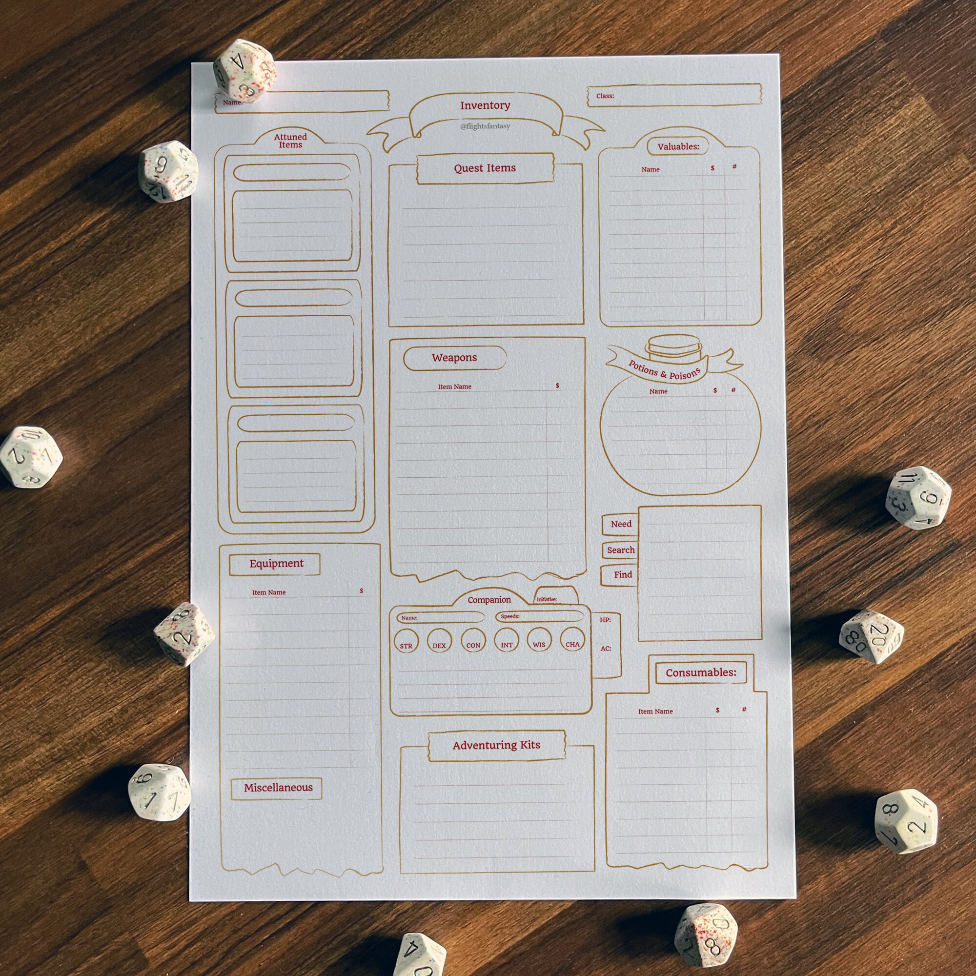 Printable 5E Character Sheet Minimalist Gold 7 Page PDF Map Cover D&amp;D ...