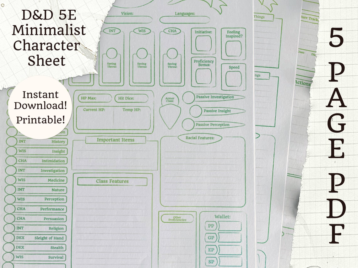 Printable 5E Character Sheet | Minimalist Green | 5 Page PDF | D&amp;D - Etsy