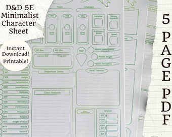 印刷可能な 5E キャラクターシート | ミニマリスト グリーン | 5 ページ PDF | D&D