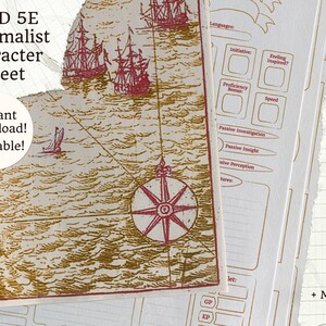 Printable 5E Character Sheet | Minimalist Gold | 7 Page PDF + Map Cover | D&D