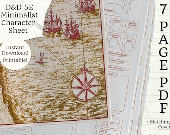 印刷可能な 5E キャラクターシート | ミニマリスト ゴールド | 7 ページ PDF + マップ カバー | D&D