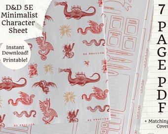 印刷可能な 5E キャラクターシート | ミニマリスト レッド/オレンジ | 7 ページ PDF + ドラゴンズ! カバー | D&D
