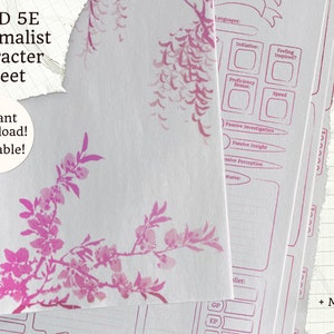 Printable 5E Character Sheet | Minimalist Pink | 7 Page PDF + Ink Willow Cover | D&D