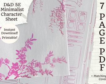 印刷可能な 5E キャラクターシート | ミニマリスト ピンク | 7 ページ PDF + インク ウィロー カバー | D&D