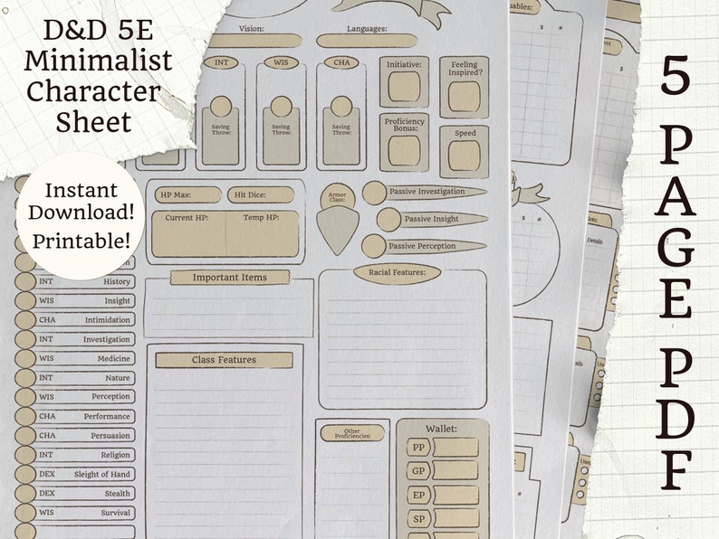 Printable 5E Character Sheet | Minimalist Neutral | 5 Page PDF | D&amp;D - Etsy