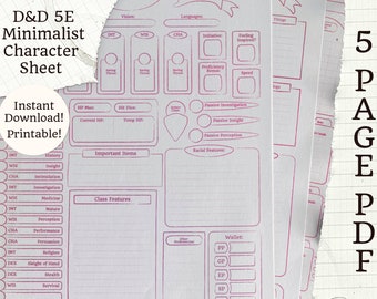 印刷可能な 5E キャラクターシート | ミニマリスト ピンク | 5 ページ PDF | D&D