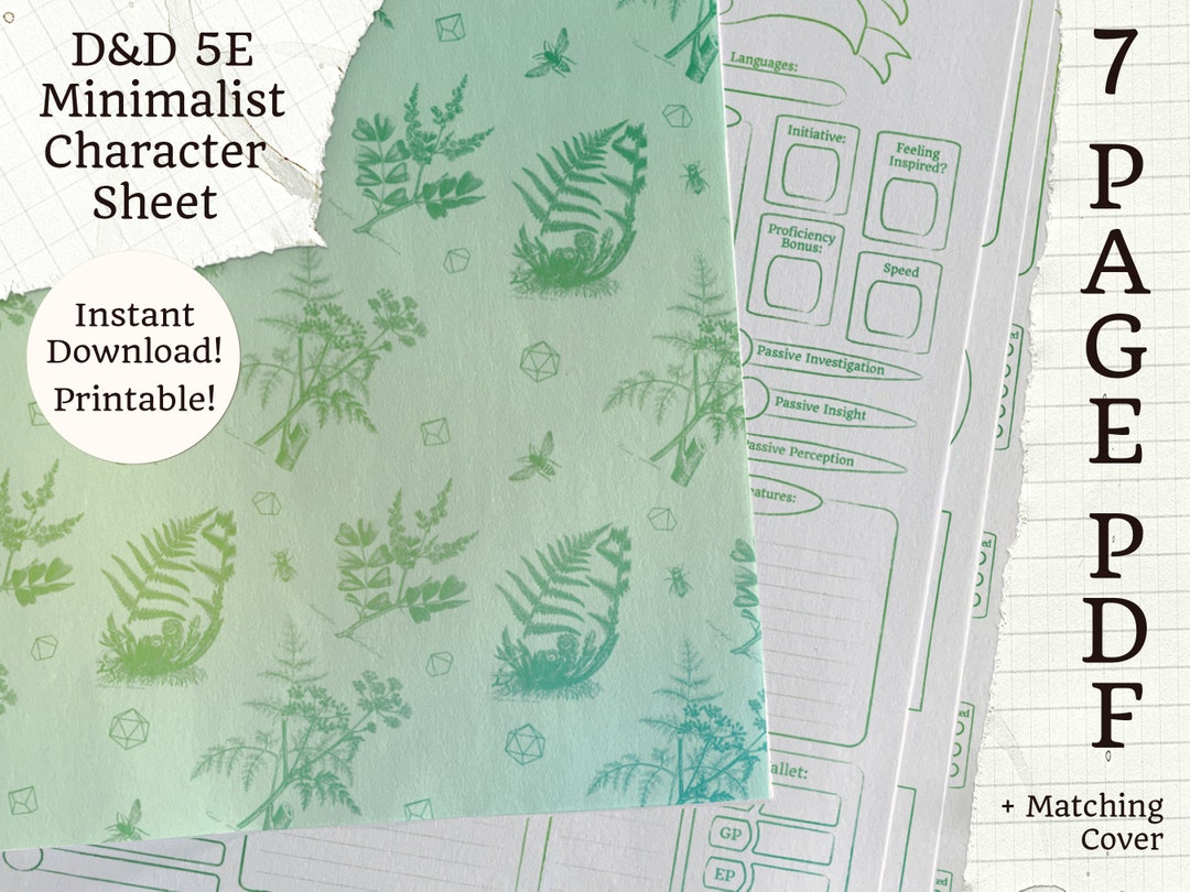 Printable 5E Character Sheet | Minimalist Green | 7 Page PDF + Fern ...